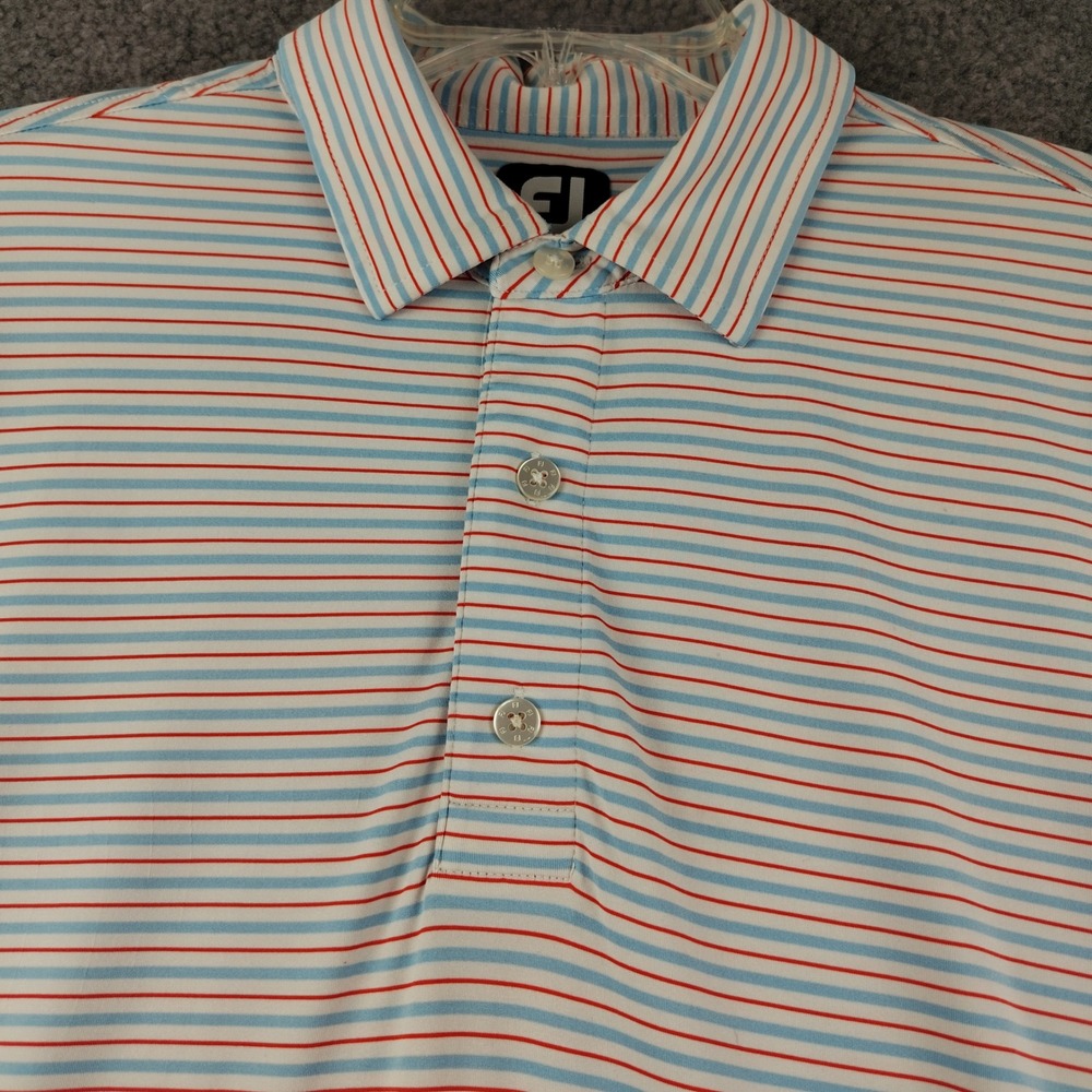 FootJoy FJ Mens XL Striped Golf Polo Shirt Blue Red Short Sleeve Oil Derrick
